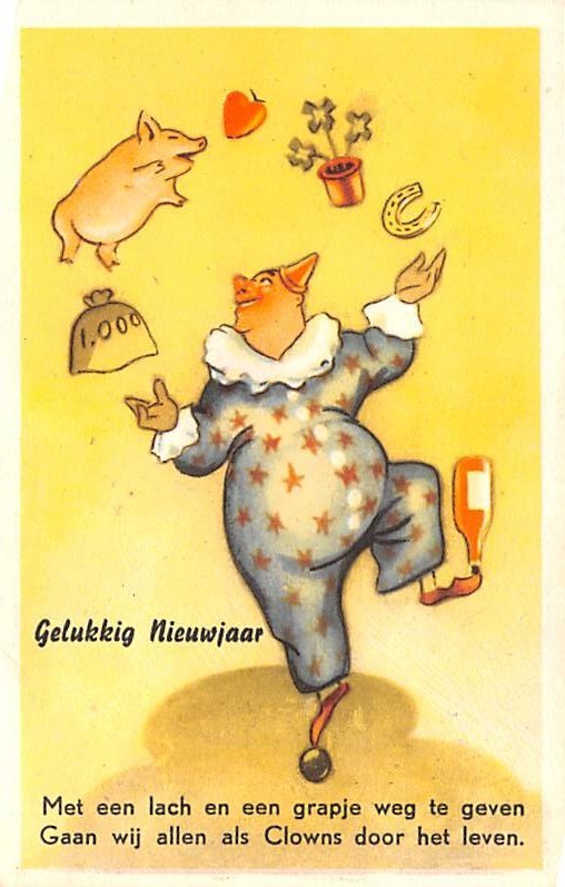 Pig, Gueukkig Mieuwjaar Clown Circus Postcard | OldPostcards.com