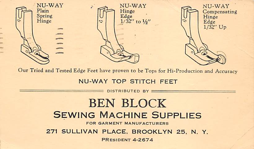 Ben Block Sewing Machine Supplies Sewing, New York USA Postcard