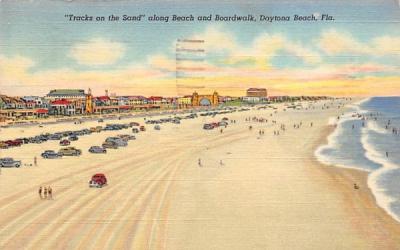 Tracks on the Sand along Beach and Broadwalk Daytona Beach, Florida Postcard