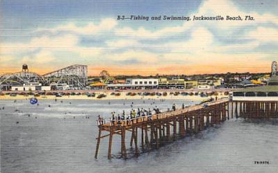 Fishing and Swimming  Jacksonville Beach, Florida Postcard