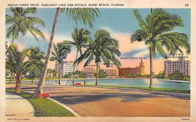 Indian Creek Drive, Pancoast Lake and Hotels Miami Beach, Florida Postcard