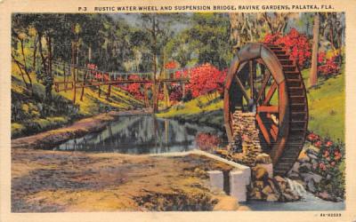 Rustic Water-Wheel and Suspension Bridge Palatka, Florida Postcard