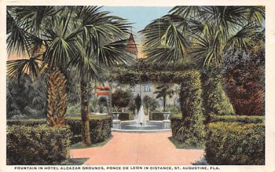 Hotel Alcazar Grounds, Ponce De Leon in Distance St Augustine, Florida Postcard
