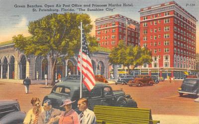 Green Benches, Post Office, Princess Martha Hotel St Petersburg, Florida Postcard