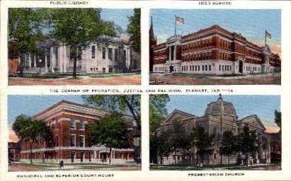 Corner of Education, Justice and Religion - Elkhart, Indiana IN Postcard