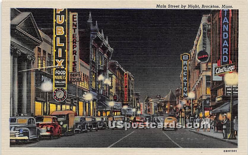 Main Street by Night - Brockton, Massachusetts MA Postcard