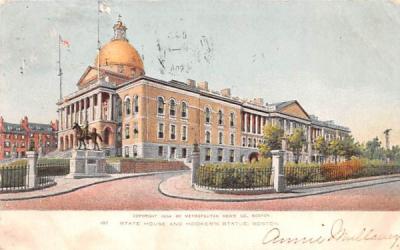 State House & Hooker's Statue Boston, Massachusetts Postcard