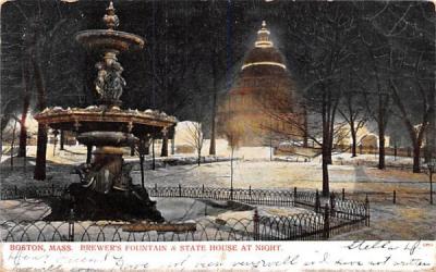 Brewer's Fountain & State House at night Boston, Massachusetts Postcard