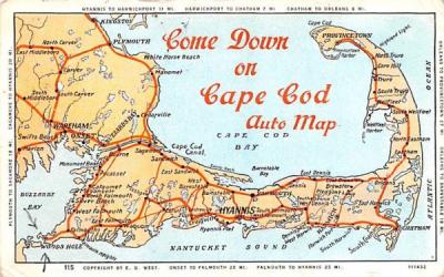 Come Down on Cape Cod Auto Map Massachusetts Postcard