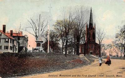 Soldiers' Monument & the First Church Ipswich, Massachusetts Postcard