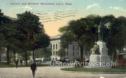 Library & Soldiers Monument - Lynn, Massachusetts MA Postcard