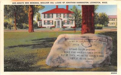 Munute Men Memorial Boulder & House of Jonathan Harrington Lexington, Massachusetts Postcard