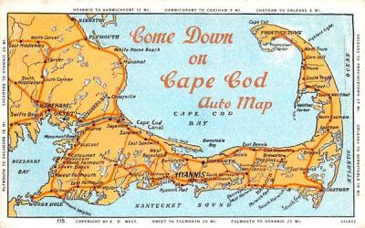 Come Down on Cape Cod Auto Map South Yarmouth, Massachusetts Postcard