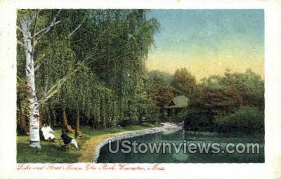 Lake & Boat House, Elm Park - Worcester, Massachusetts MA Postcard