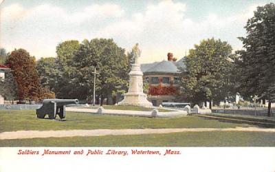 Soldiers Monument & Public Library Watertown, Massachusetts Postcard