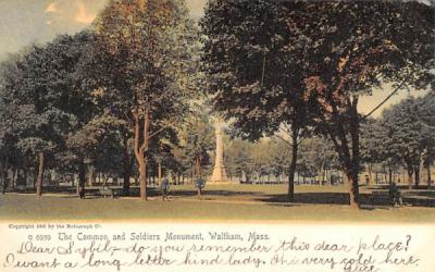 The Common & Soldiers Monument Waltham, Massachusetts Postcard