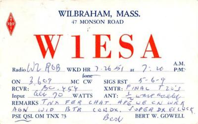 W1ESA Wilbraham, Massachusetts Postcard