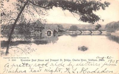 Riverview Boat House & Prospect St. Bridge Waltham, Massachusetts Postcard