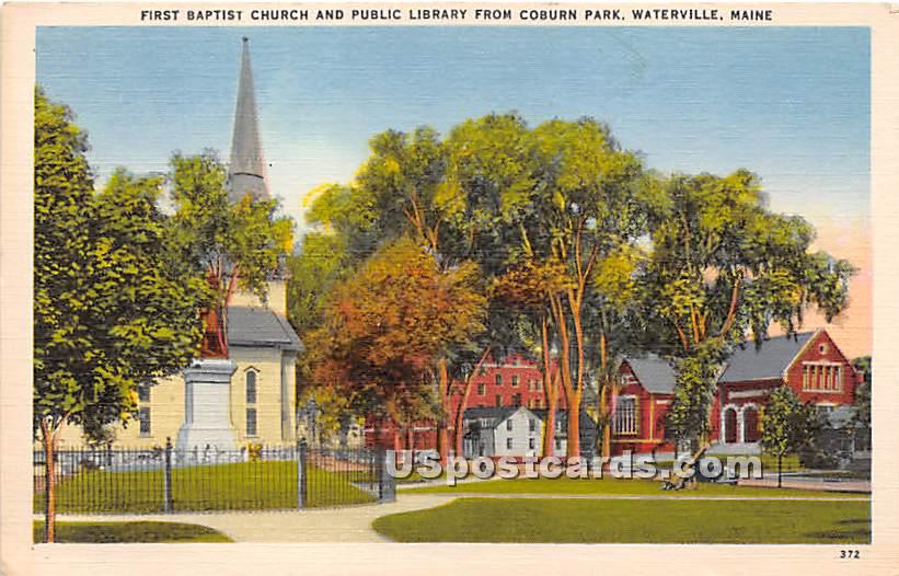 Frist Baptist Church & Public Library from Coburn Park - Waterville, Maine ME Postcard