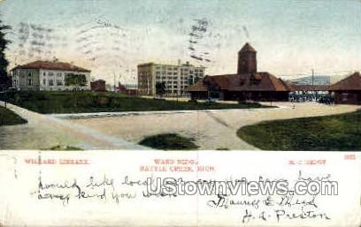 Willard Library, Ward Building, & M.C. Depot - Battle Creek, Michigan MI Postcard