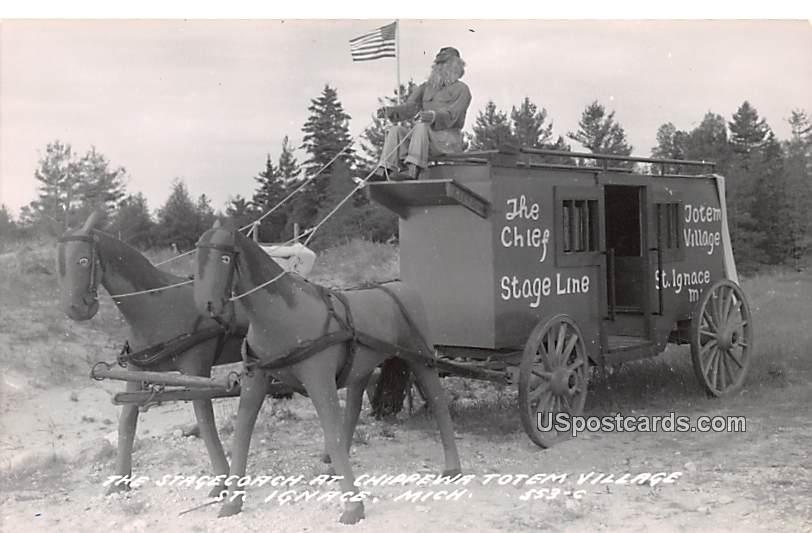 Stagecoach at Chippewa Totem Village - Saint Ignace, Michigan MI Postcard