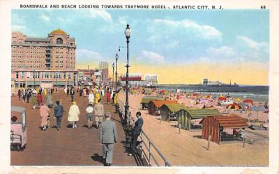 Boardwalk & Beach, Traymore Hotel Atlantic City, New Jersey Postcard