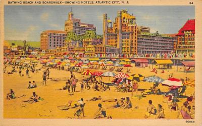 Bathing Beach and Boardwalk - showing Hotels Atlantic City, New Jersey Postcard