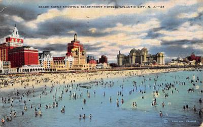 Beach Scene showing Beachfront Hotels Atlantic City, New Jersey Postcard