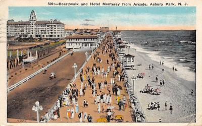 Boardwalk and Hotel Monterey from Arcade Asbury Park, New Jersey Postcard