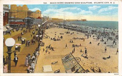 Beach Scene Showing Sand Sculpture Atlantic City, New Jersey Postcard