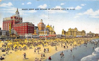 Beach Scene and Skyline  Atlantic City, New Jersey Postcard