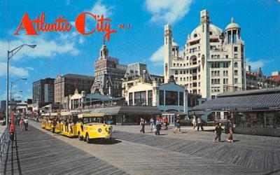 Boardwalk view showing tram car Atlantic City, New Jersey Postcard