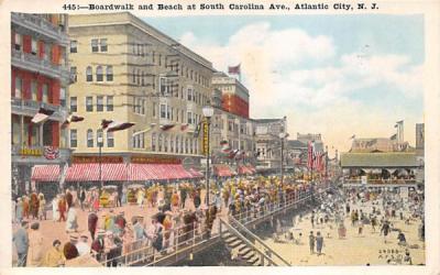 Boardwalk and Beach at South Carolina Ave. Atlantic City, New Jersey Postcard
