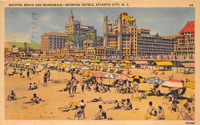 Bathing Beach and Boardwalk - Showing Hotels Atlantic City, New Jersey Postcard