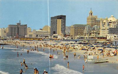 Famous Skyline with Bathing Beach in Foreground Beach Scene, New Jersey Postcard