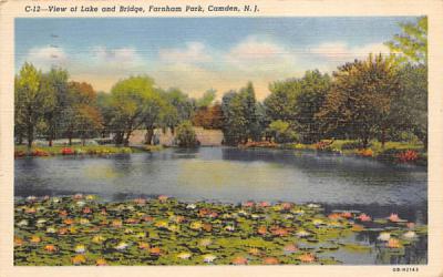 View of Lake and Bridge, Farnham Park Camden, New Jersey Postcard