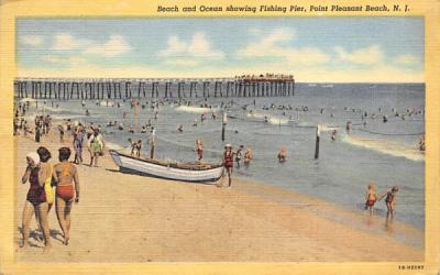 Beach and Ocean showing Fishing Pier Point Pleasant Beach, New Jersey Postcard