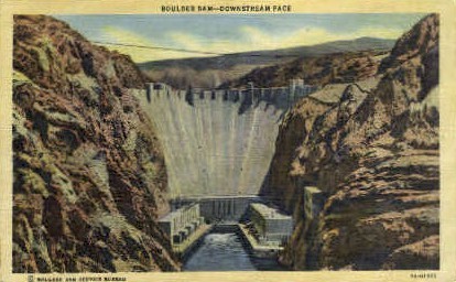 Boulder Dam - Downstream Face - Hoover (Boulder) Dam, Nevada NV Postcard