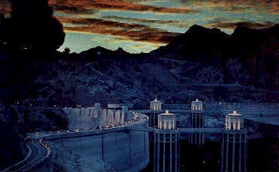 Night View Hoover Dam - Hoover (Boulder) Dam, Nevada NV Postcard