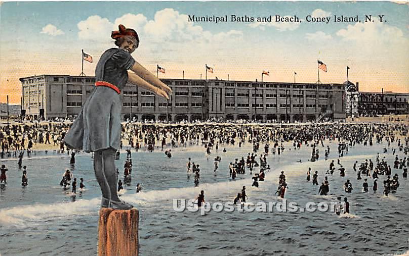 Municipal Baths & Beach - Coney Island, New York NY Postcard