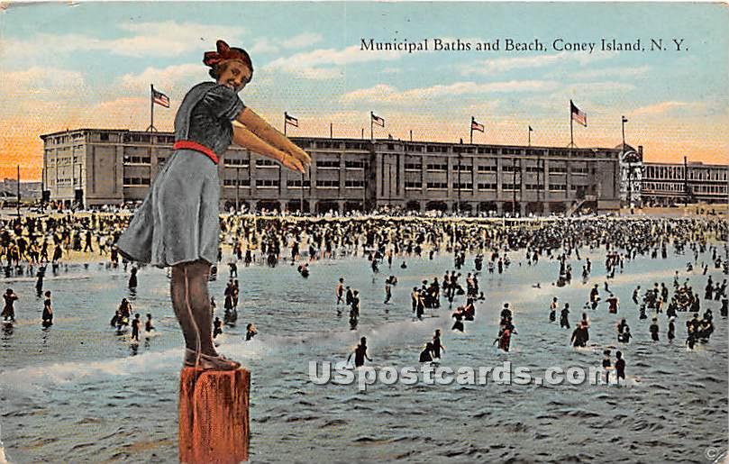 Municipal Baths & Beach - Coney Island, New York NY Postcard