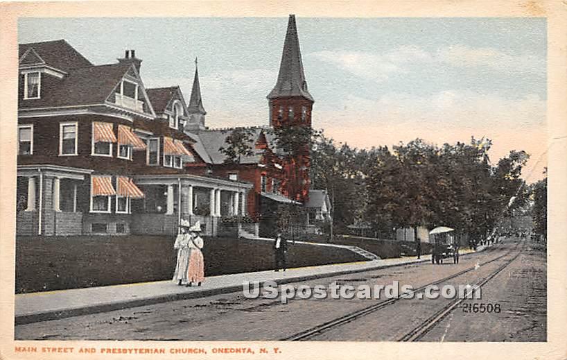 Main Street & Presbyterian Church - Oneonta, New York NY Postcard