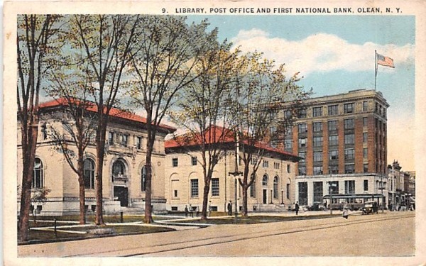 Library, Post Office & First National Bank Olean, New York Postcard
