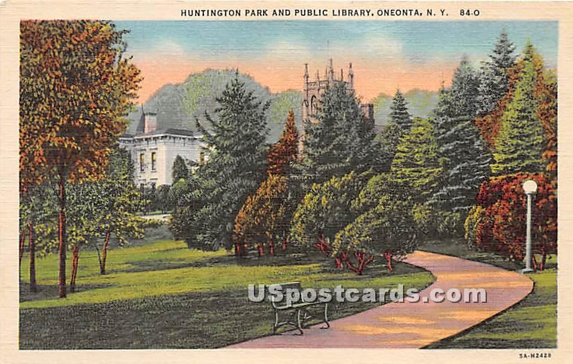 Huntington Park & Public Library - Oneonta, New York NY Postcard