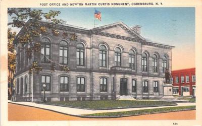 Post Office & Newton Martin Curtis Monument Ogdensburg, New York Postcard
