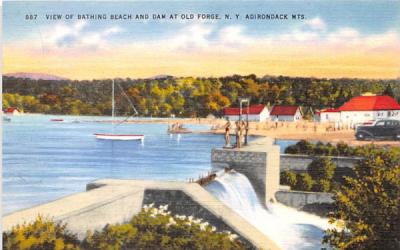 Bathing Beach & Dam Old Forge, New York Postcard