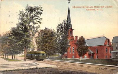 Chestnut Street & Methodist Church Oneonta, New York Postcard