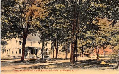Park, Fountain & Christ Episcopal Church Sherburne, New York Postcard