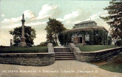 Soldiers' Monument and Birchard Library - Fremont, Ohio OH Postcard