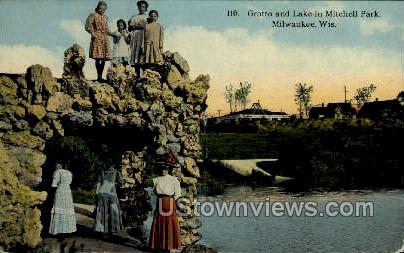 Grotto and Lake in Mitchell Park - MIlwaukee, Wisconsin WI Postcard